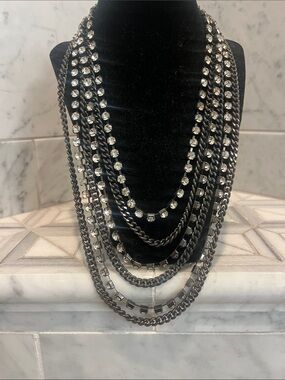bebe Layered Gunmetal and Clear Crystal Multi-Chain Necklace
